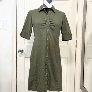 NY & Co Olive Green Shirt Dress City Stretch Ruched Short Sleeve Y2K Knee Length
